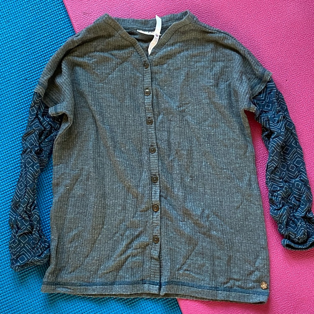 Gray Button-Up Shirt with Patterned Sleeves